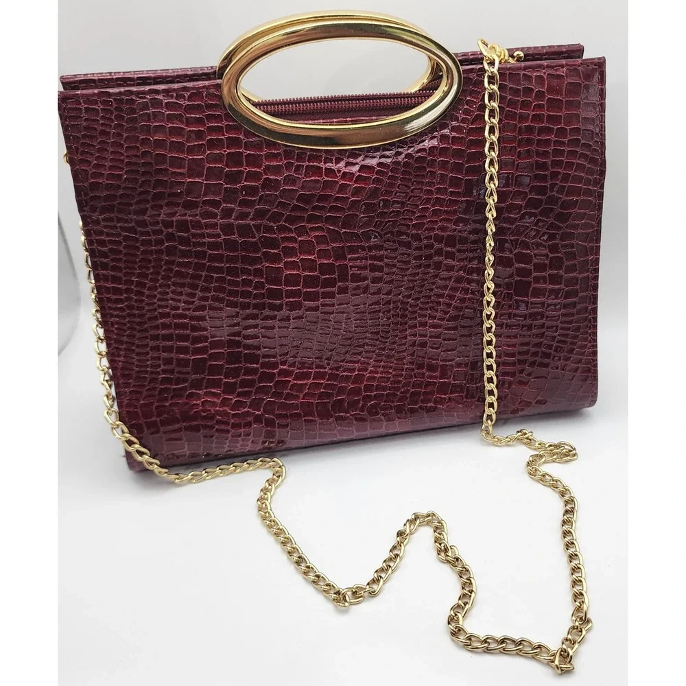 Bellini Burgundy Faux Croc Embossed Handbag Gold Metal Handle Chain Satchel